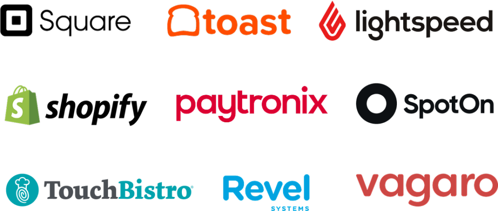 Logos of supported POS systems including Toast, Lightspeed, Shopify, Paytronix, SpotOn, TouchBistro, Revel Systems, and Vagaro